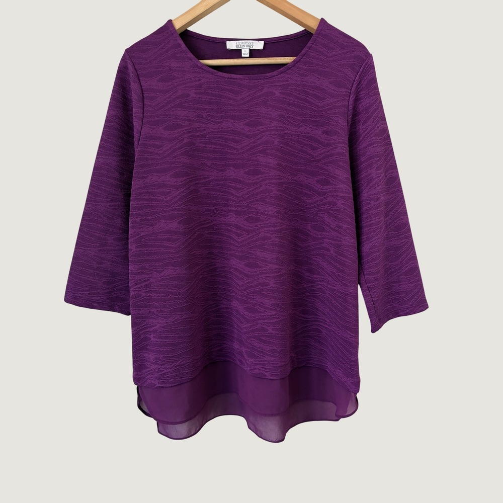 Company Ellen Tracy Purple Textured 3/4 Sleeve Layered Blouse Modest Grunge